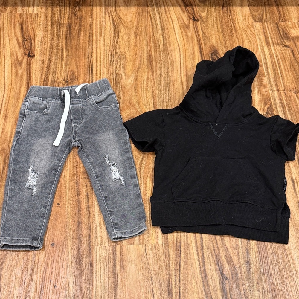 Little Bipsy Black Hoodie and Gray Jeans Set